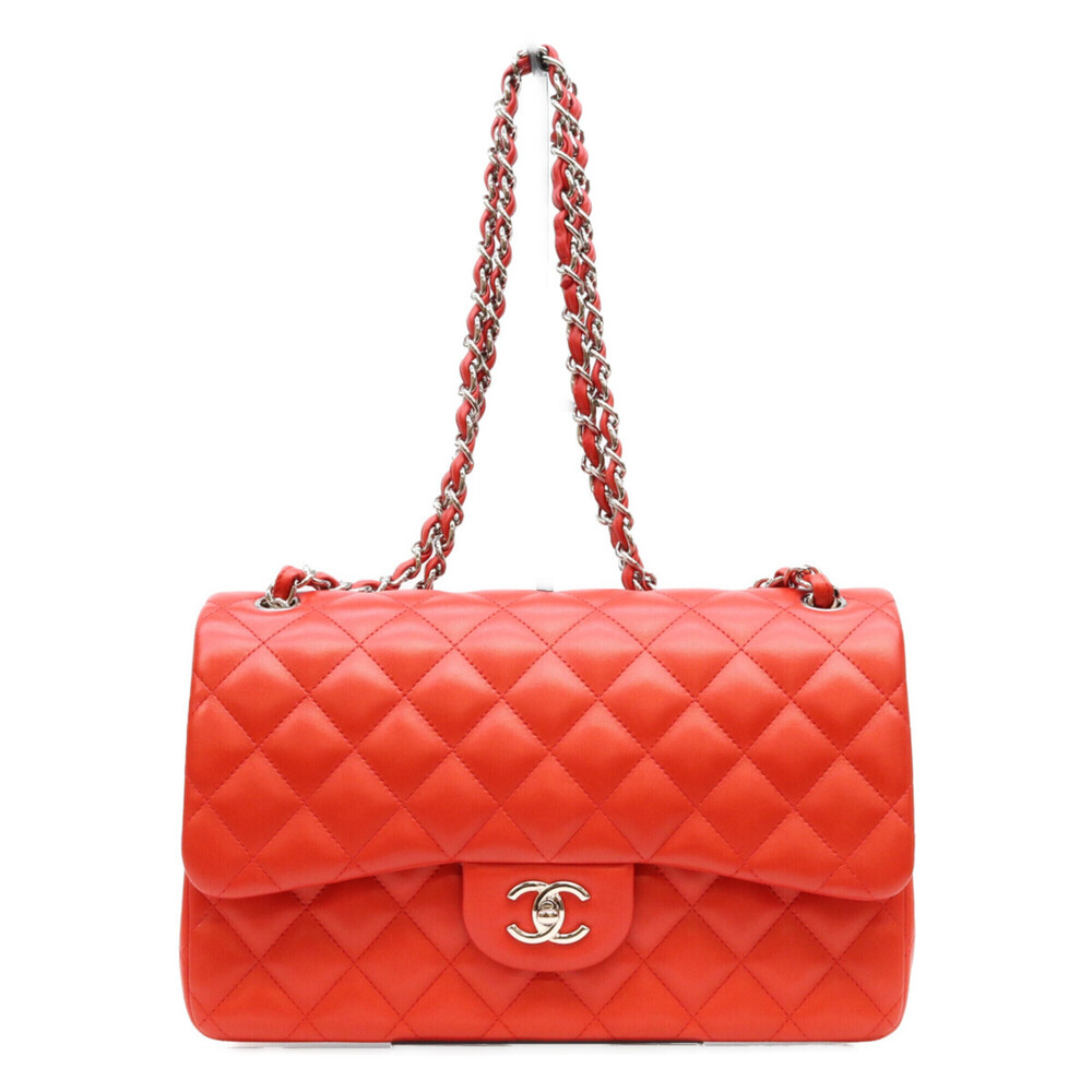 CHANEL A58600 Red Lambskin Silver Hardware Double Flap Large Matelassé 30 Sho...